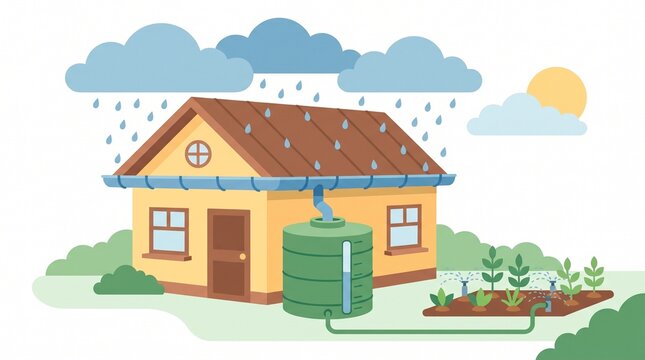 a flat vector illustration of a residential rainwater harvesting system irrigating a home vegetable garden