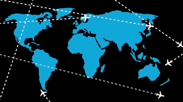 World map with airplane icons and dotted flight routes animation