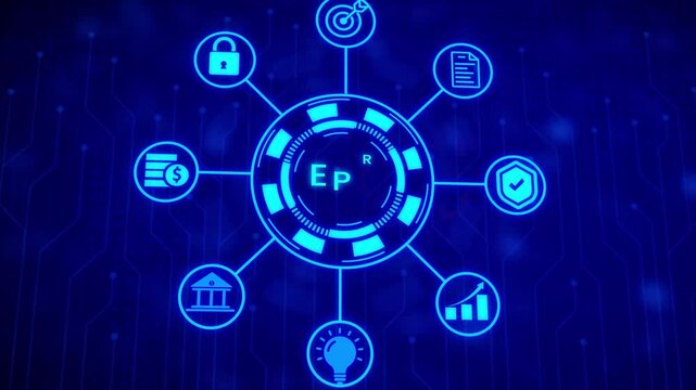 Futuristic digital interface with glowing neon blue circular hub and connected abstract representing data analysis target achievement and information storage on a dark blue circuit board background