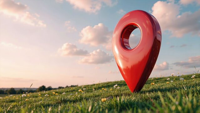 Red map pin icon on green grass field, glossy location marker in nature, navigation pointer under blue sky with clouds