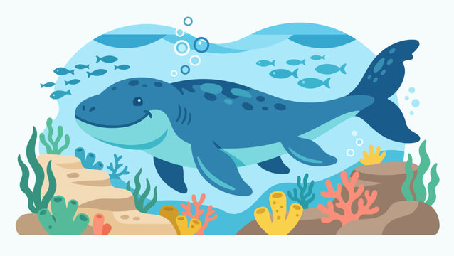 Cute mosasaurus Marine Reptile Swimming Underwater Illustration