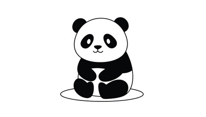 Fototapeta premium Cute cartoon giant panda sitting down on a circular ground patch, shown in black and white line art on a clean background.