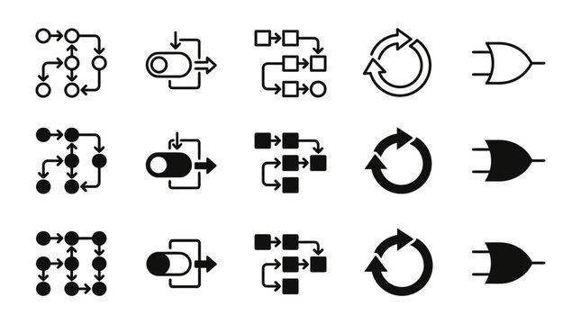 Set of black and white flowchart process logic gate cycle vector icons with flowchart structure algorithm workflow