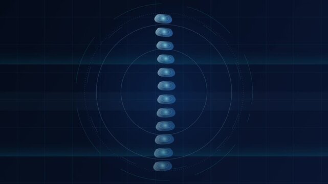 Digital spine animation with glowing nodes and radar HUD circles on blue tech grid background