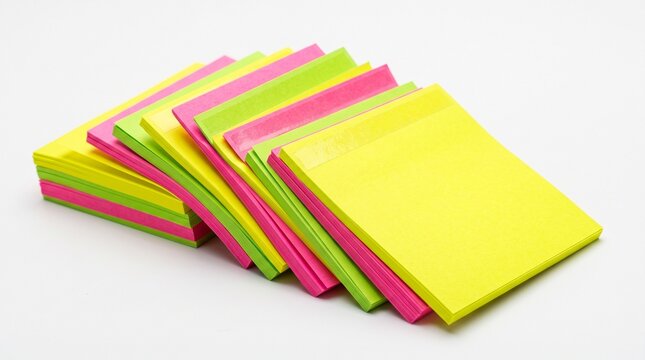 Neon sticky notes stacked on white background.