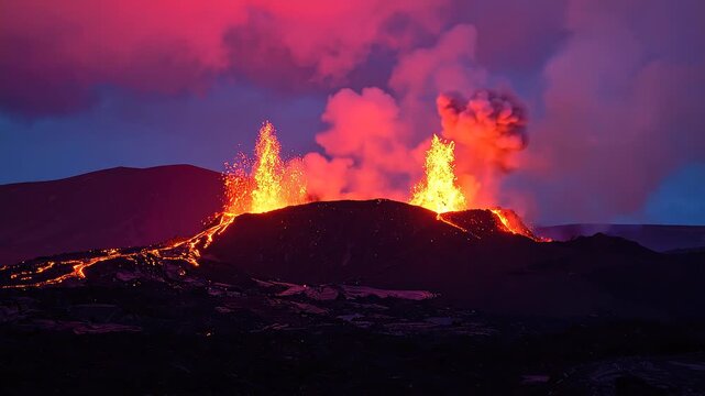 Volcanic Eruption with Lava Fountains at Twilight