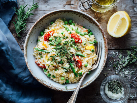 risotto with peas, green beans, lemon, tomato and herbs