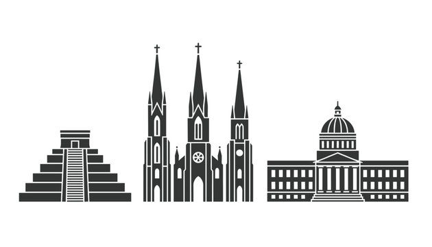 Silhouette icons representing famous historical landmarks of Honduras including a Mayan pyramid and cathedrals.
