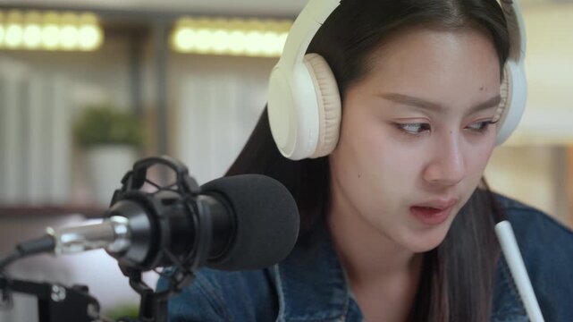 Podcast digital creator home studio portrait focused female wearing headphones near microphone, recording with calm energy closeup voice work, quiet scene with soft light