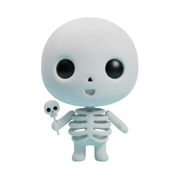 Cute cartoon skeleton character holding a small skull balloon for a fun and spooky halloween holiday celebration