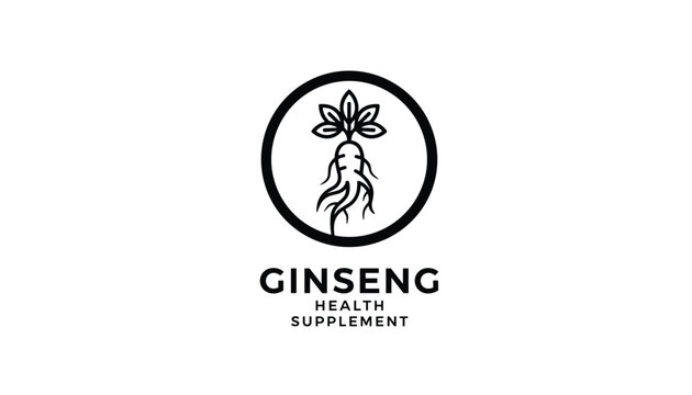 Minimalist black and white logo design for a ginseng health supplement featuring a root illustration inside a circular border.