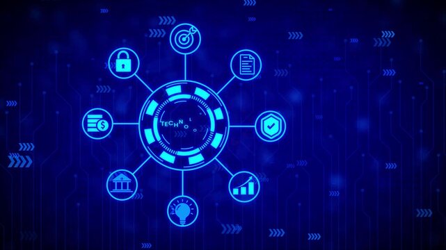 Futuristic digital interface with glowing neon blue circular hub and connected abstract representing data analysis target achievement and information storage with arrow patterns on a dark blue
