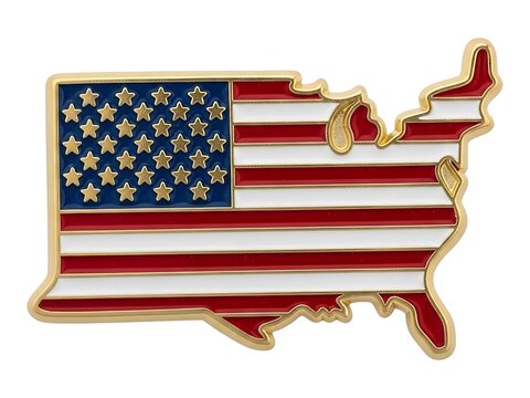 A metallic lapel pin featuring the shape of the united states map and flag