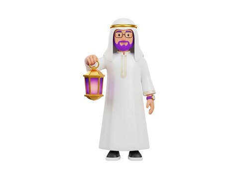 A 3d animated arab man holding a glowing lantern for a ramadan celebration