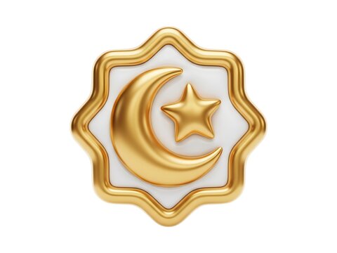 A golden crescent moon and star symbol inside an eight pointed frame shape