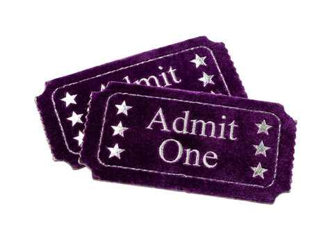 Two purple admit one tickets for entertainment events isolated on white background