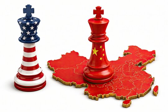 Usa and china chess king pieces standing on a map of china