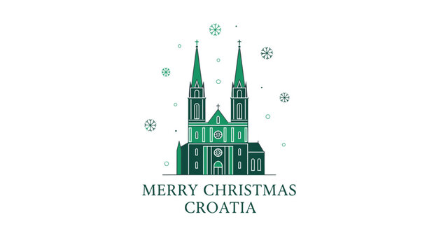 Festive Christmas card design featuring the outline of Zagreb Cathedral under falling snowflakes and green text.