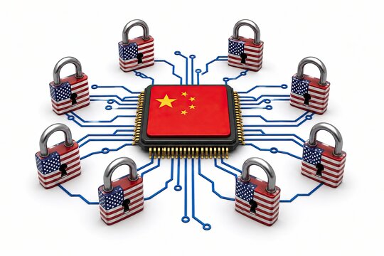 China microchip processor connected to american flag padlocks on white