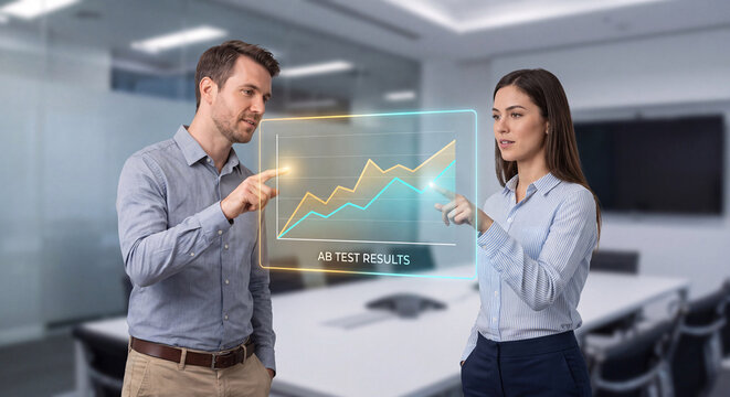 two colleagues point at floating comparison chart with two lines and ab test results panel
