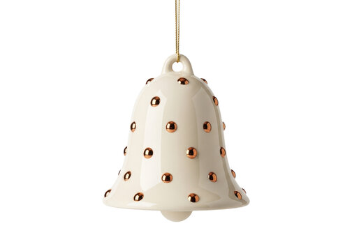 Ceramic christmas bell ornament with gold studs isolated on transparent background
