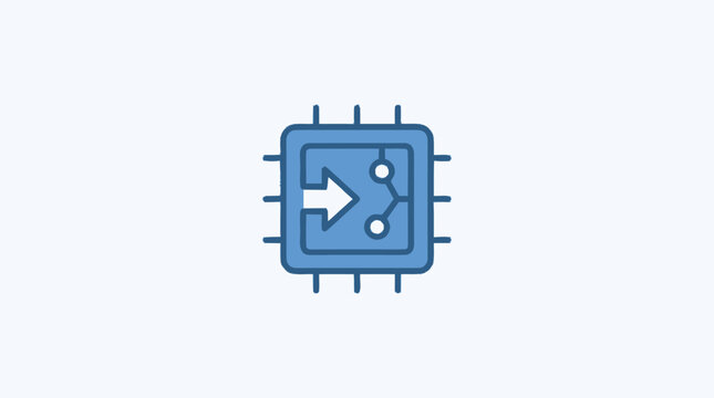 Blue Microchip Icon with Circuit and Play Symbol.