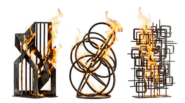 Three abstract metal sculptures with flames burning inside isolated on transparent background