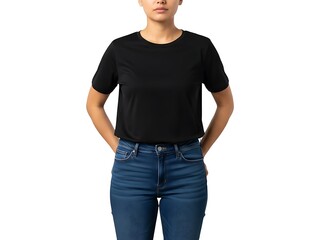 Obraz premium A woman wearing a simple black t-shirt paired with classic blue denim jeans