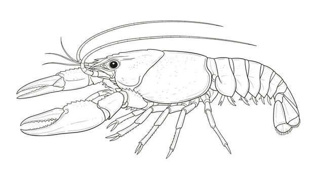 Detailed scientific style line art illustration of a crayfish or lobster, isolated on a plain white background.