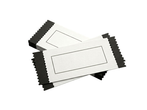 Two blank rectangular paper tickets or coupons with serrated black edges isolated on a plain white background for event entry or promotional use