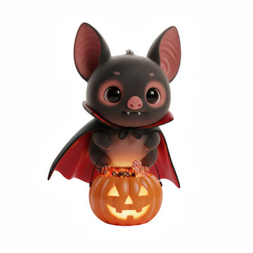 Cute little black vampire bat character wearing a red cape sitting on a glowing orange halloween pumpkin lamp
