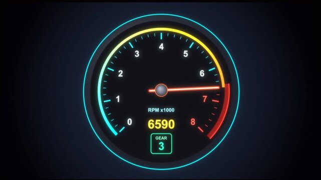 A futuristic digital car tachometer motion graphics animation showing engine RPM increasing and shifting gears from 1 to 5. Features a neon glowing gauge, rev counter needle reaching redline limit