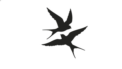 Obraz premium Dynamic black silhouette illustration of two swallow birds in flight, isolated on a clean white background.