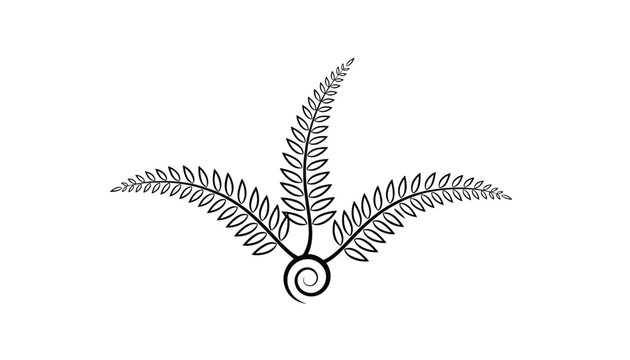 Stylized silver fern leaves growing from a spiral pattern, represented in a black line vector illustration on white background.