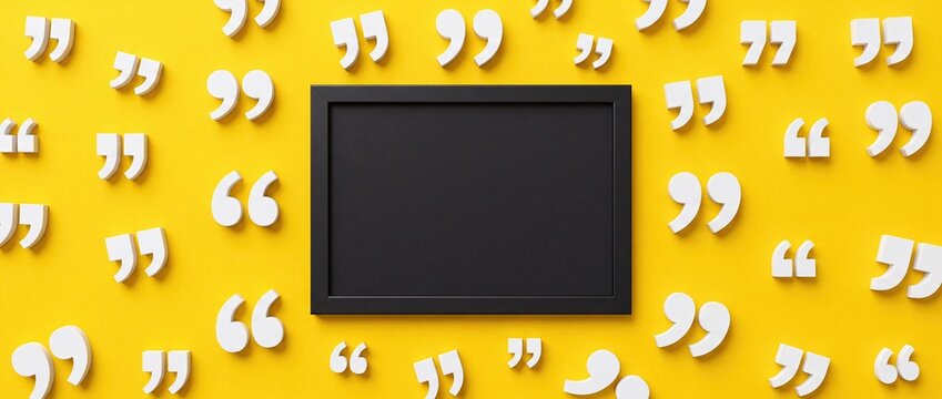 Blank Black Frame Surrounded by Quotation Marks on Yellow Background