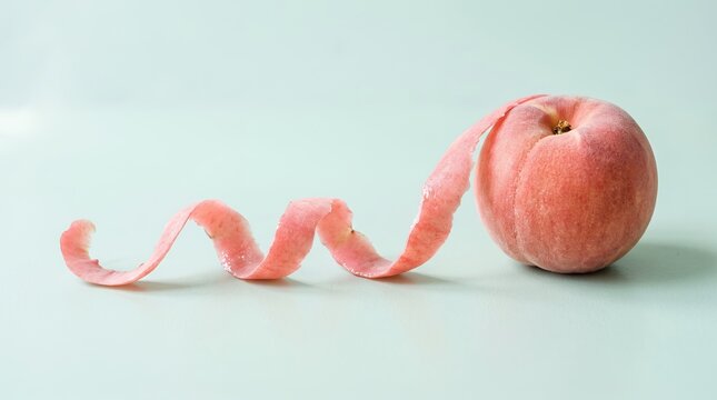 長く螺旋状にむいた桃の皮と桃