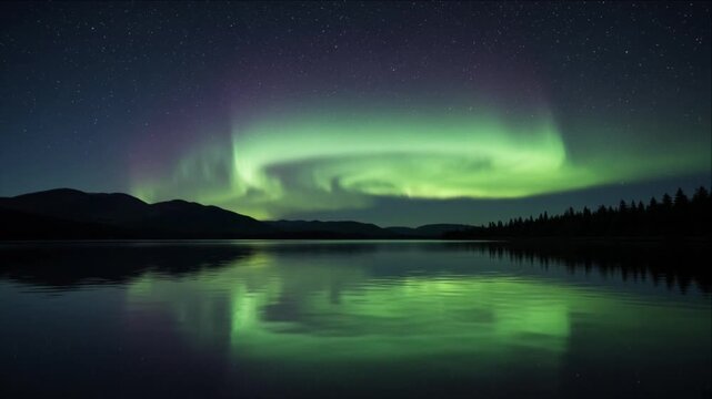 Cinematic aurora northern light nature landscape timelapse background over mountain lake reflection, tranquil wilderness night scene beneath starry sky with luminous water and serene silhouette