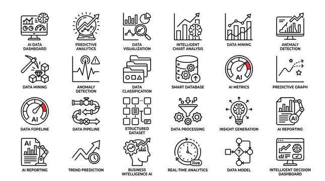 AI Data Analytics Line Icon Set, Business Intelligence Vector Icon set.