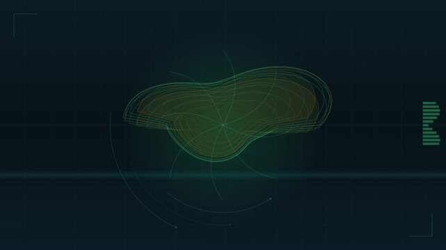 Futuristic HUD interface displaying rotating green topographic map wireframe