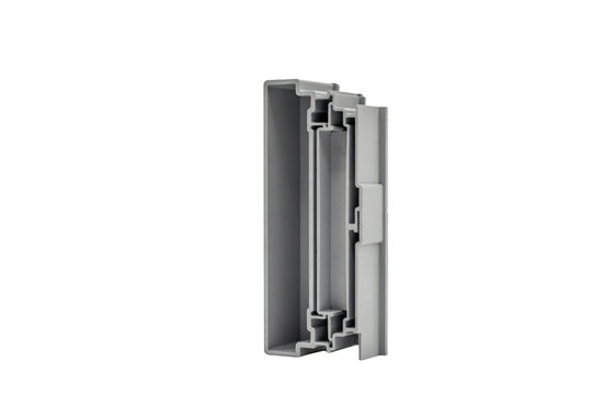 Cross section view of a grey aluminum window frame profile extrusion isolated on a transparent background