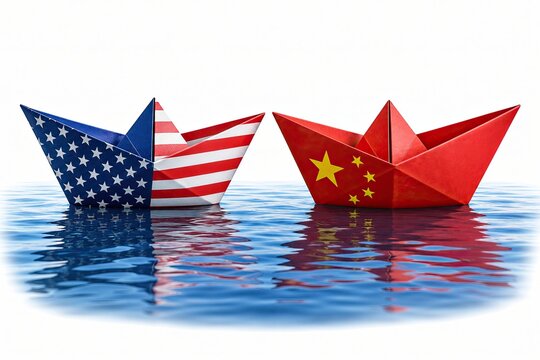 Paper boats with usa and china flags floating on blue water surface