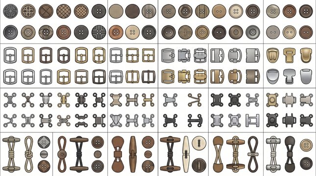Comprehensive Collection of Garment Fasteners Including Round Buttons Metal Buckles Hook-and-Eye Closures and Wood Toggle Buttons