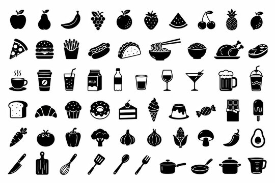 Set of various black food and drink icons on a white background