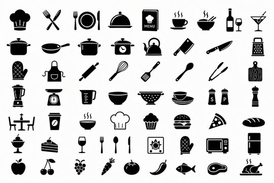 Set of black kitchen and cooking icons isolated on white background