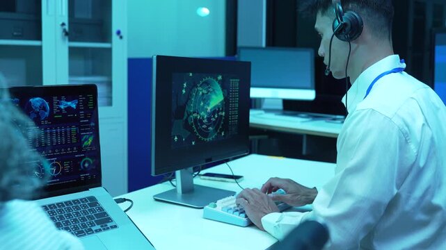 air traffic controller monitors flight radar screens in a modern dark command center, aviation technology, flight safety, surveillance and precision.