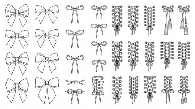 Hand Drawn Vector Collection of Ribbon Bows and Corset Lacing Elements Isolated on White Background for Fashion Design Decoration