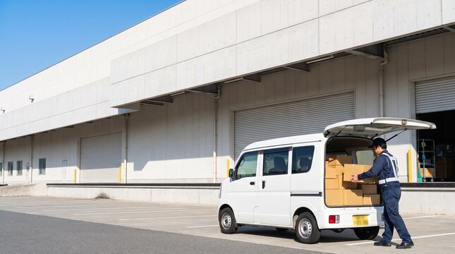 物流倉庫前で軽バンから荷物を運ぶ配送スタッフ
