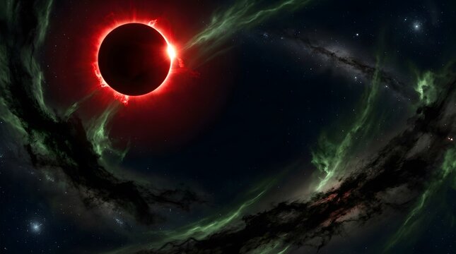 A hauntingly beautiful and eerie halloween background featuring a crimson glowing eclipse amidst swirling spectral energies perfect for spooky season designs and digital artwork