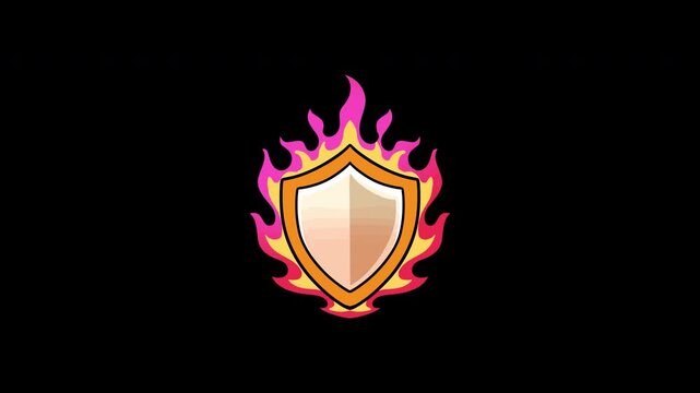 Animated shield with vibrant pink, yellow, orange, and cream cartoon style isolated on dark background in 4K animated. Burning shield unleashing its blazing mode and transforming into a powerful anima