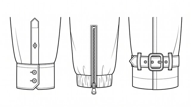 Technical Fashion Flat Vector Illustration of Sleeve Cuff Designs Set Featuring Buttoned Shirt Cuff Zipper Detail and Belted Buckle